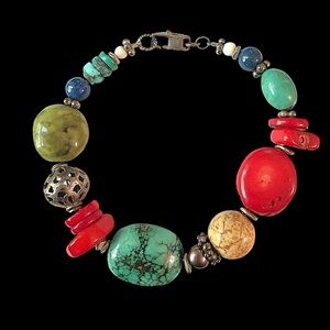 Vintage Sterling Silver Caviar Turquoise Lapis Dyed Coral Bead Bracelet